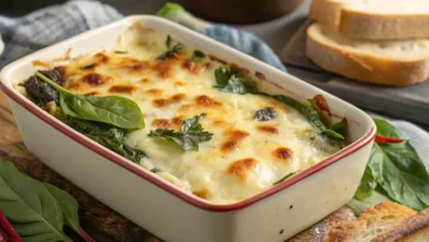 Gratin de blettes prêt à servir, garni de fromage fondu.