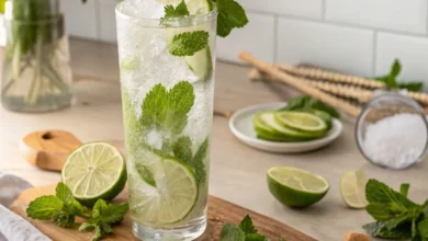 Verre de mojito classique garni de menthe fraîche et citron vert.