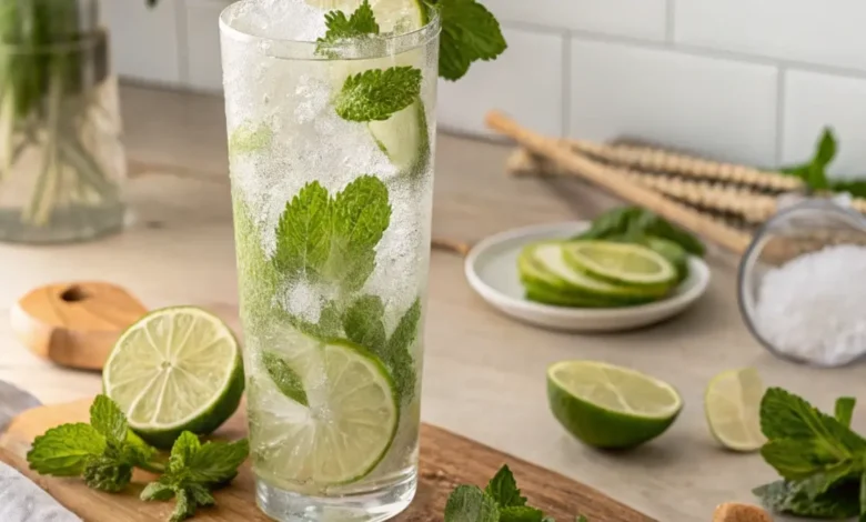 Verre de mojito classique garni de menthe fraîche et citron vert.