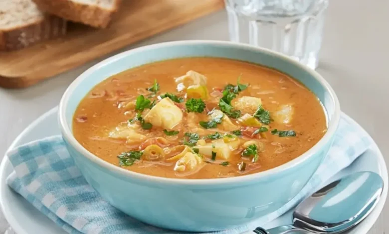 Bol de soupe de poisson garnie de croûtons et de fromage râpé.